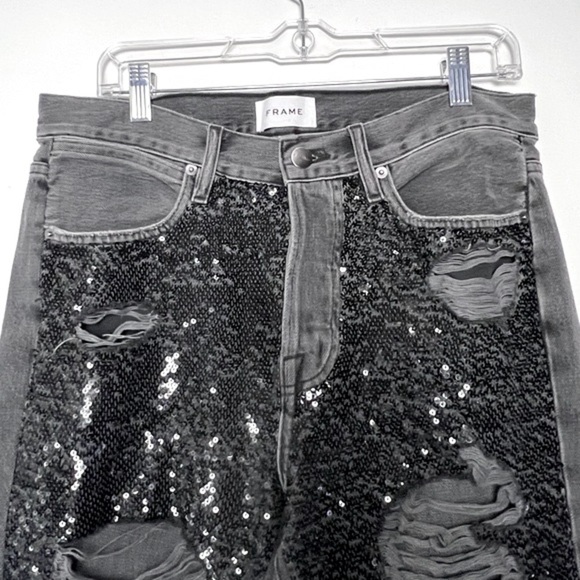 FRAME Gray Denim Sequin Basque Rip Distressed High Rise Button Fly Crop Jeans 27 - Picture 6 of 16
